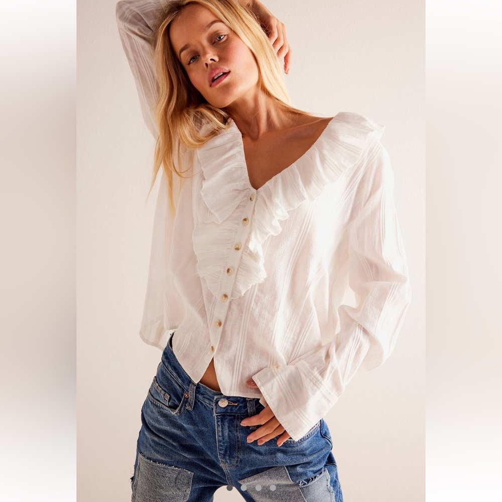 NWT Free People Ruffled Up Shirt Long Sleeve White Size Medium